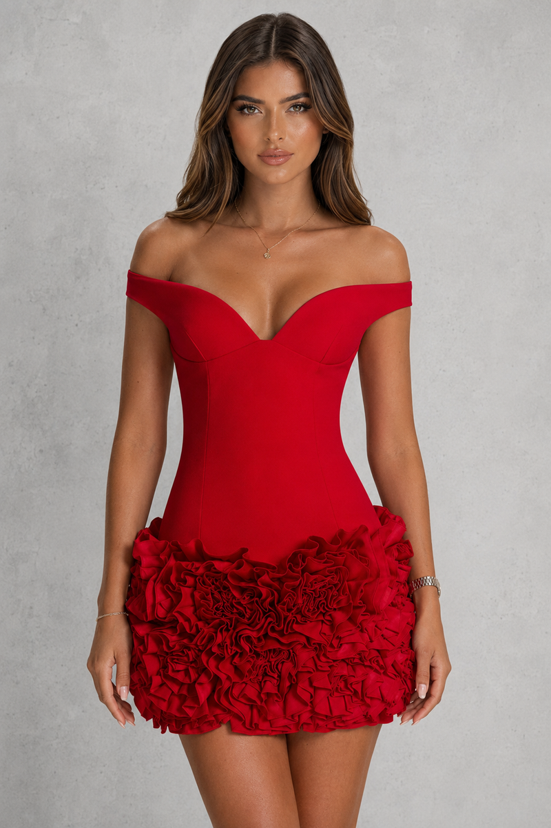 Women’s Bardot Bodycon Mini Dress with Floral Ruffle Hem for Party & Evening Wear