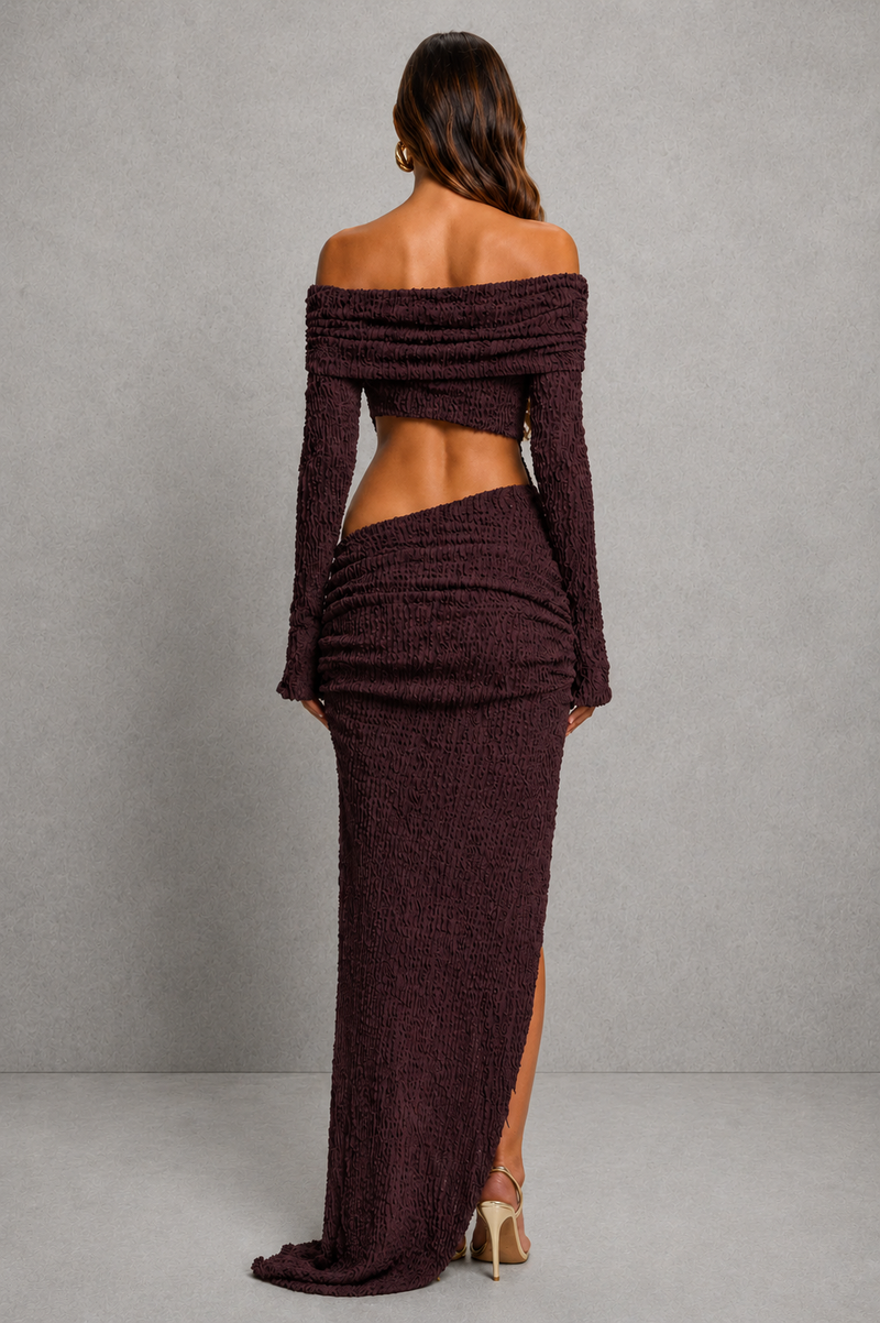 Women’s Bardot Maxi Dress with Asymmetric Hem for Wedding, Evening & Formal Wear