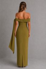 Women’s Bardot Maxi Dress with Asymmetric Pleated Detail for Evening & Formal Wear
