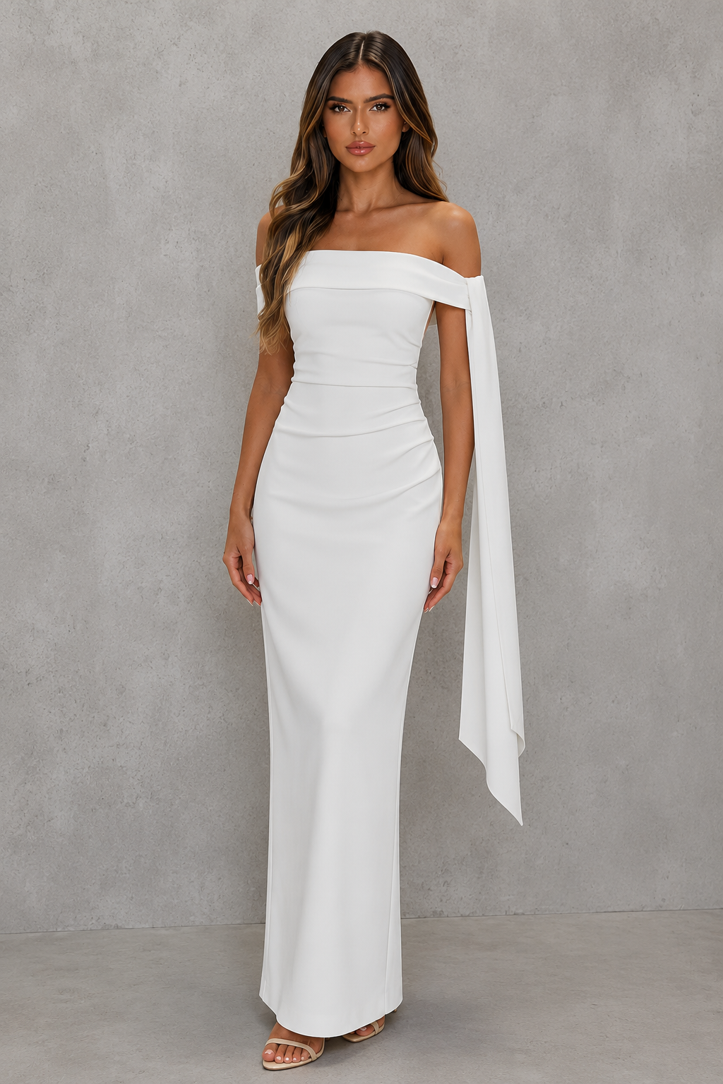 Women’s Bardot Maxi Dress with Asymmetric Pleated Detail for Evening & Formal Wear