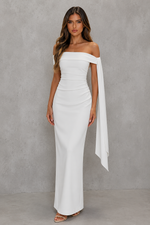 Women’s Bardot Maxi Dress with Asymmetric Pleated Detail for Evening & Formal Wear