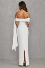 Women’s Bardot Maxi Dress with Asymmetric Pleated Detail for Evening & Formal Wear