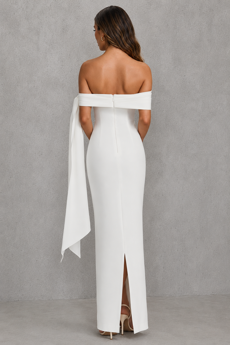 Women’s Bardot Maxi Dress with Asymmetric Pleated Detail for Evening & Formal Wear