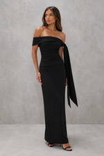 Women’s Bardot Maxi Dress with Asymmetric Pleated Detail for Evening & Formal Wear