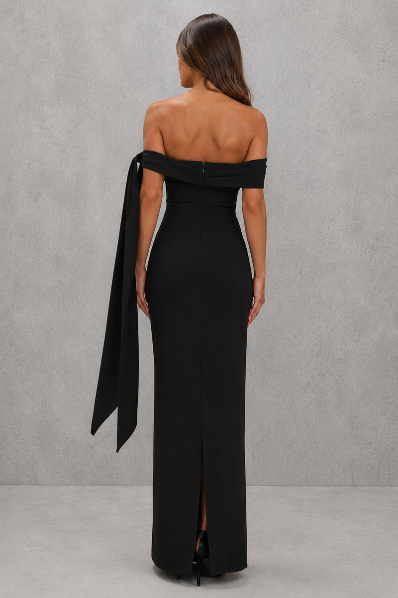 Women’s Bardot Maxi Dress with Asymmetric Pleated Detail for Evening & Formal Wear