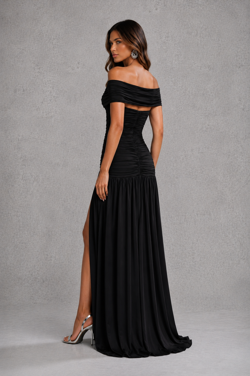 Women’s Bardot Maxi Dress with Cut Out Detail & Thigh High Split for Wedding, Evening & Formal Wear