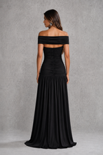 Women’s Bardot Maxi Dress with Cut Out Detail & Thigh High Split for Wedding, Evening & Formal Wear