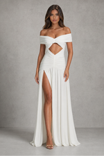 Women’s Bardot Maxi Dress with Cut Out Detail & Thigh High Split for Wedding, Evening & Formal Wear