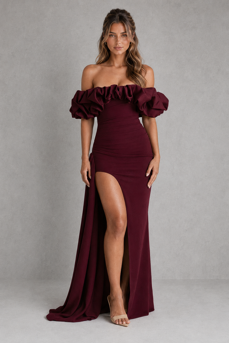 Women’s Bardot Maxi Dress with Draped Split Detail for Evening & Forma