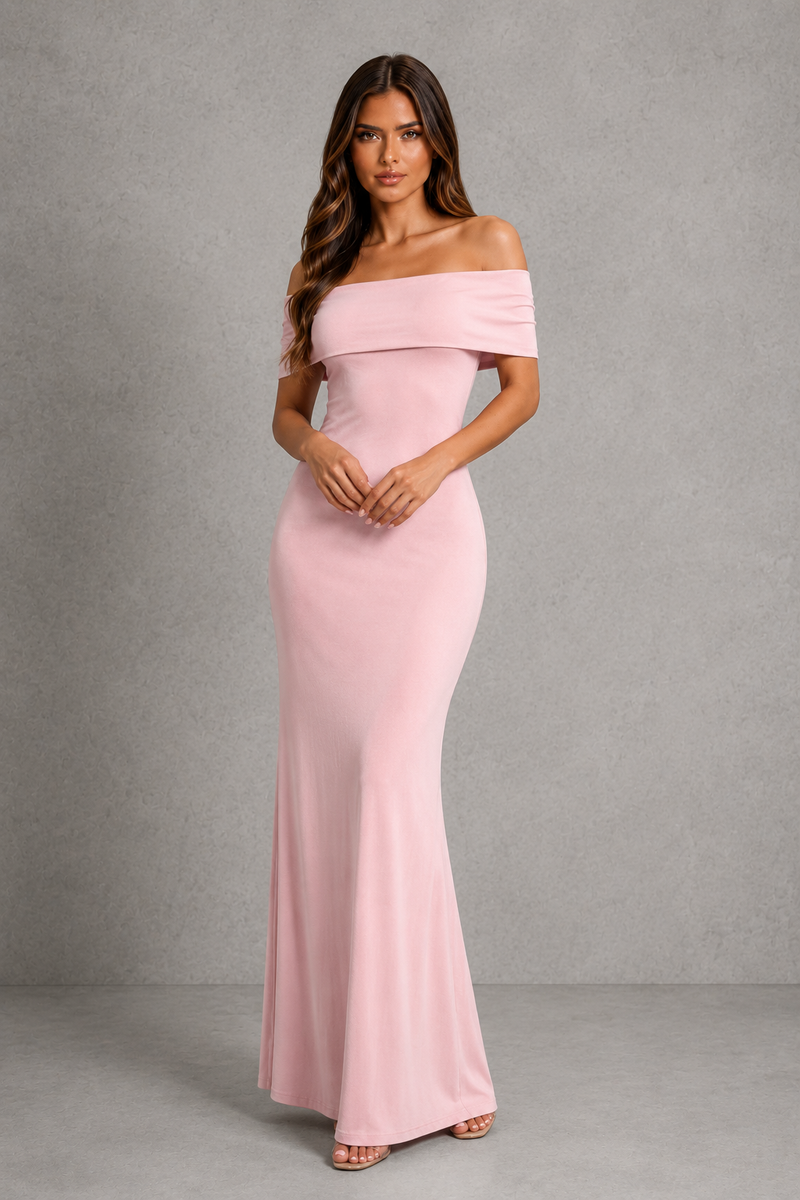 Women’s Bardot Maxi Dress with Pleated Tulle Detail for Evening & Formal Wear