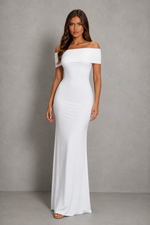 Women’s Bardot Maxi Dress with Pleated Tulle Detail for Evening & Formal Wear