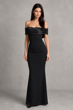 Women’s Bardot Maxi Dress with Satin Bow Detail for Evening & Formal Wear
