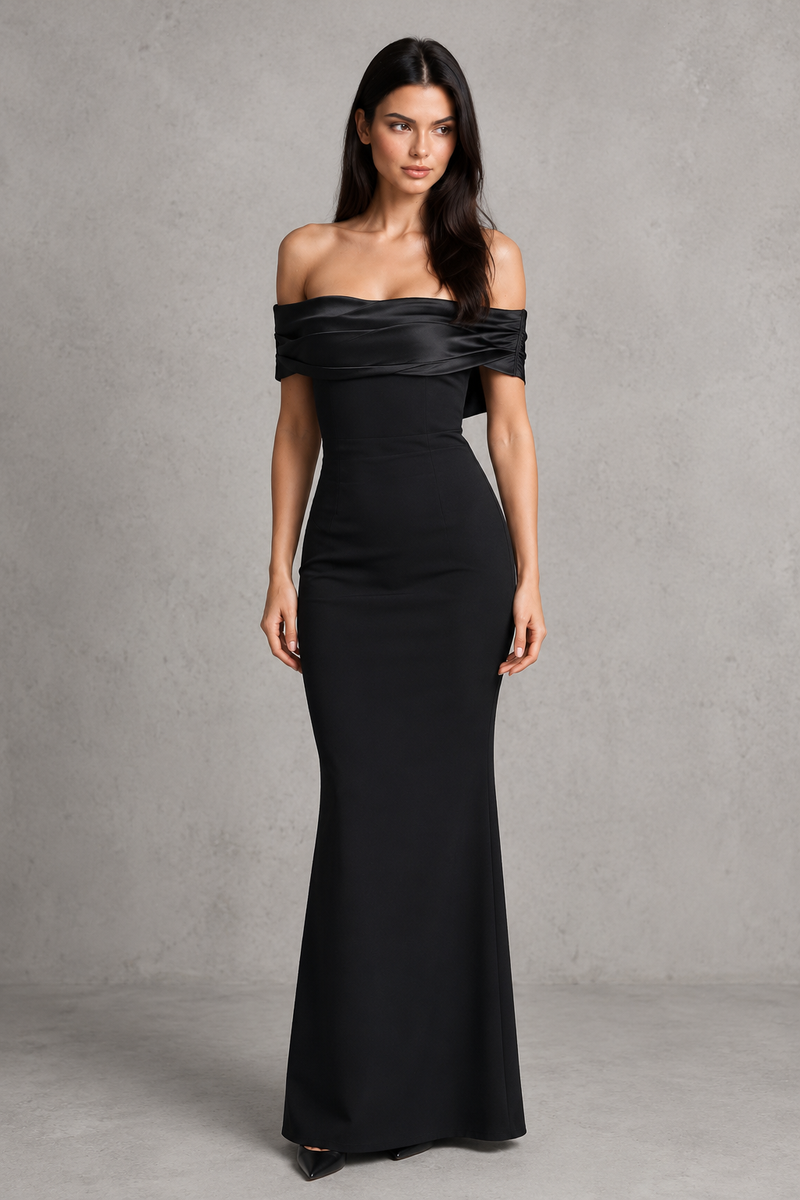 Women’s Bardot Maxi Dress with Satin Bow Detail for Evening & Formal Wear
