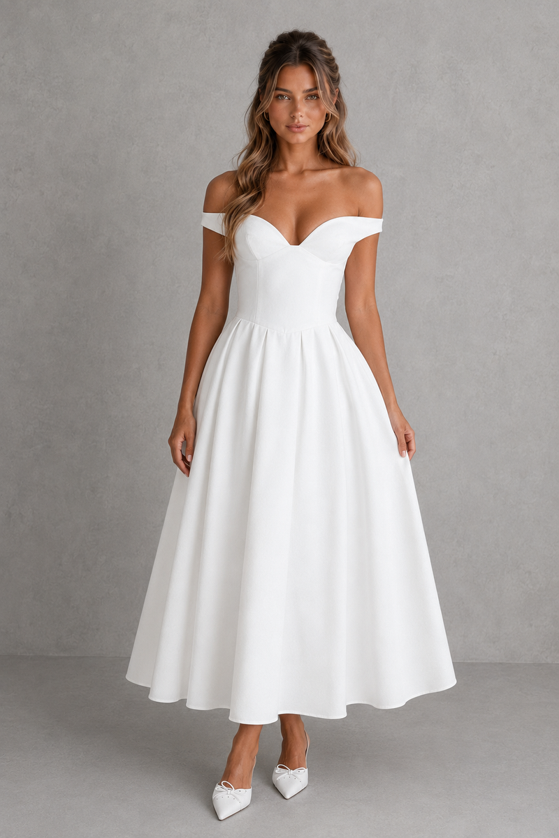 Women’s Bardot Midi Dress with Box Pleated Skirt for Evening & Formal Wear