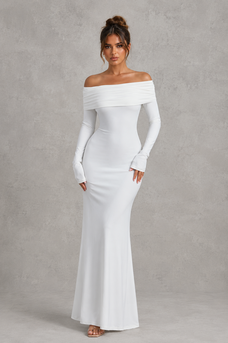 Women’s Bardot Satin Maxi Dress with Waist Tie Detail for Evening & Formal Wear