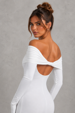 Women’s Bardot Satin Maxi Dress with Waist Tie Detail for Evening & Formal Wear