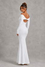 Women’s Bardot Satin Maxi Dress with Waist Tie Detail for Evening & Formal Wear