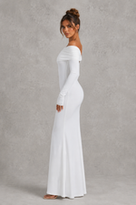 Women’s Bardot Satin Maxi Dress with Waist Tie Detail for Evening & Formal Wear