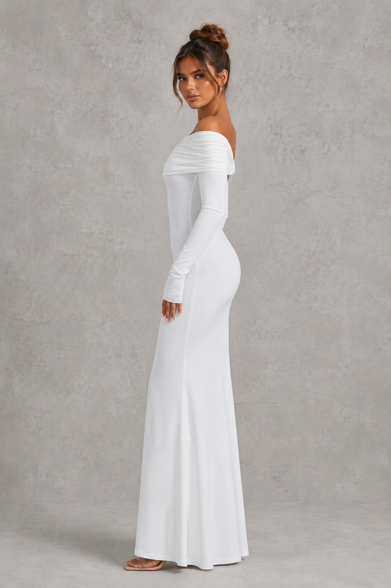 Women’s Bardot Satin Maxi Dress with Waist Tie Detail for Evening & Formal Wear