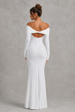 Women’s Bardot Satin Maxi Dress with Waist Tie Detail for Evening & Formal Wear