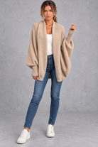 Women's batwing knitted cardigan in Khaki – full-length view