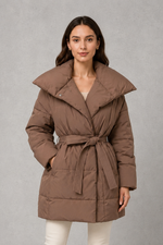 Women’s belted puffer jacket with a quilted design, adjustable waist belt, long sleeves and full front zip fastening.
