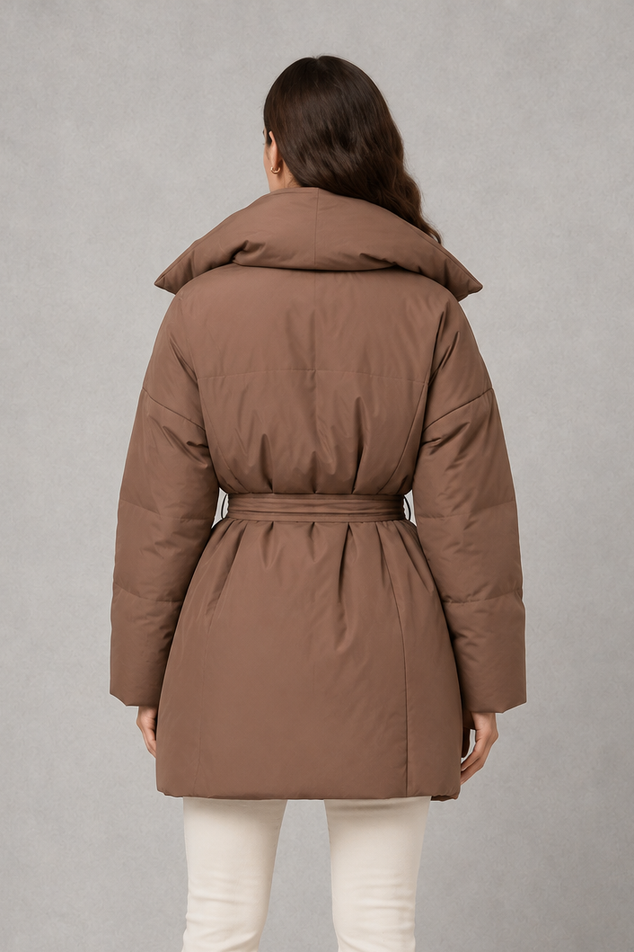 Women’s belted puffer jacket with a quilted design, adjustable waist belt, long sleeves and full front zip fastening.