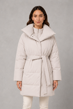 Women’s belted puffer jacket with a quilted design, adjustable waist belt, long sleeves and full front zip fastening.