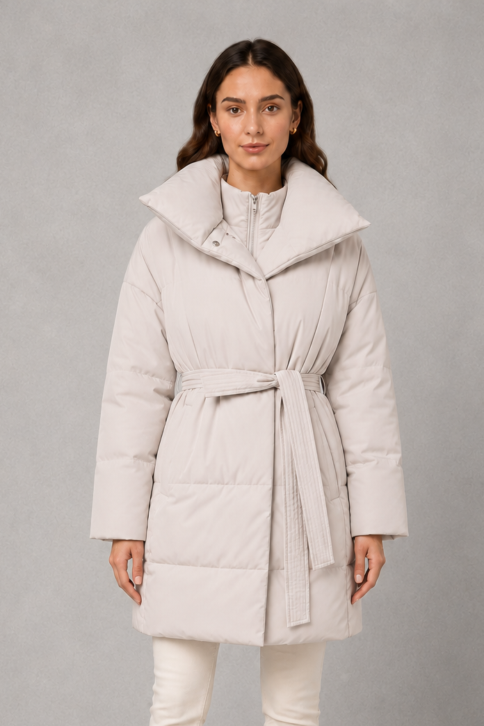 Women’s belted puffer jacket with a quilted design, adjustable waist belt, long sleeves and full front zip fastening.