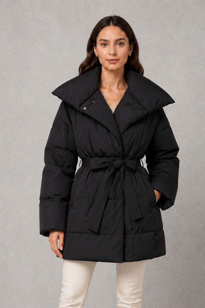 Women’s belted puffer jacket with a quilted design, adjustable waist belt, long sleeves and full front zip fastening.
