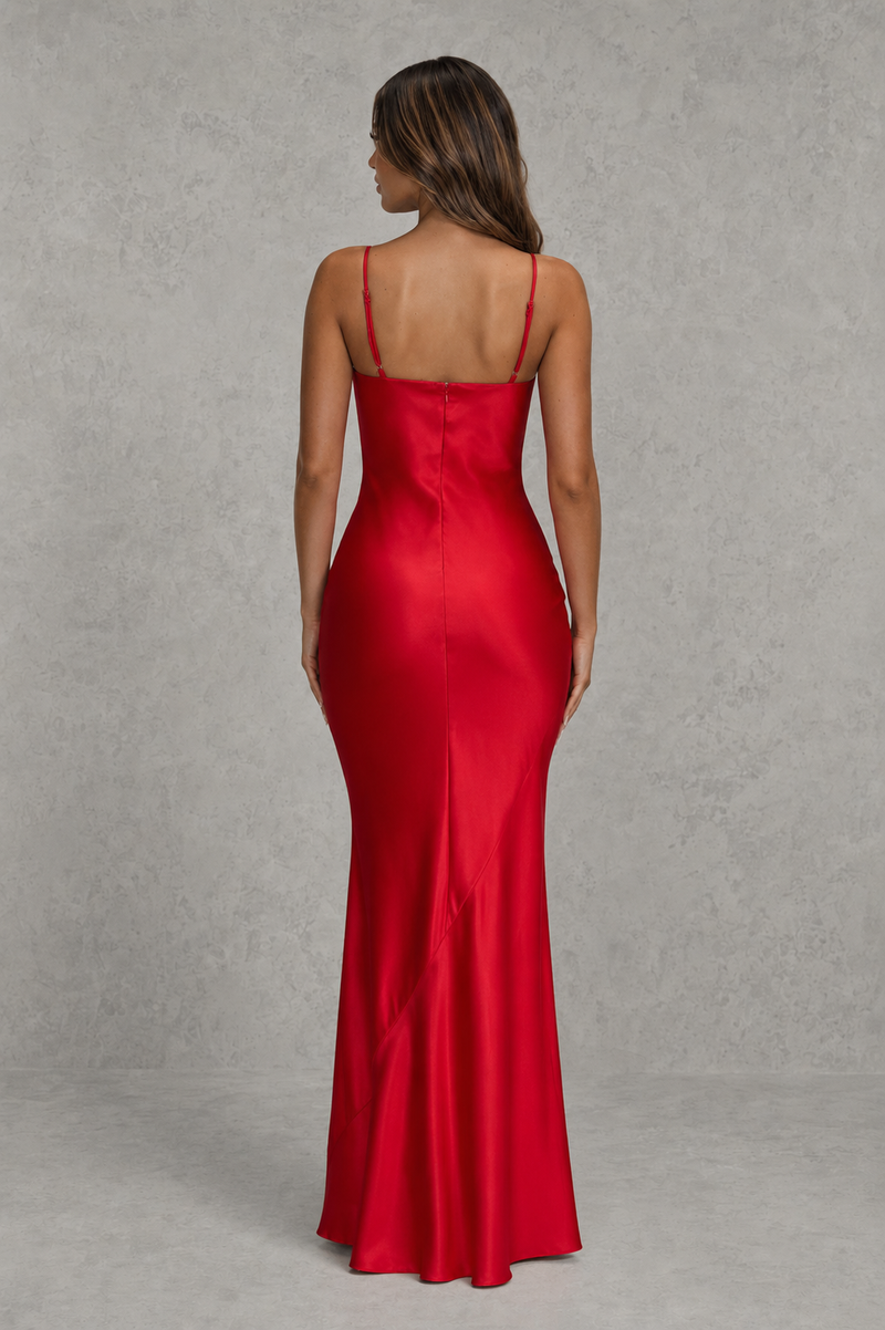 Women’s Bias Cut Satin Maxi Dress with Figure-Hugging Silhouette for Evening & Formal Wear