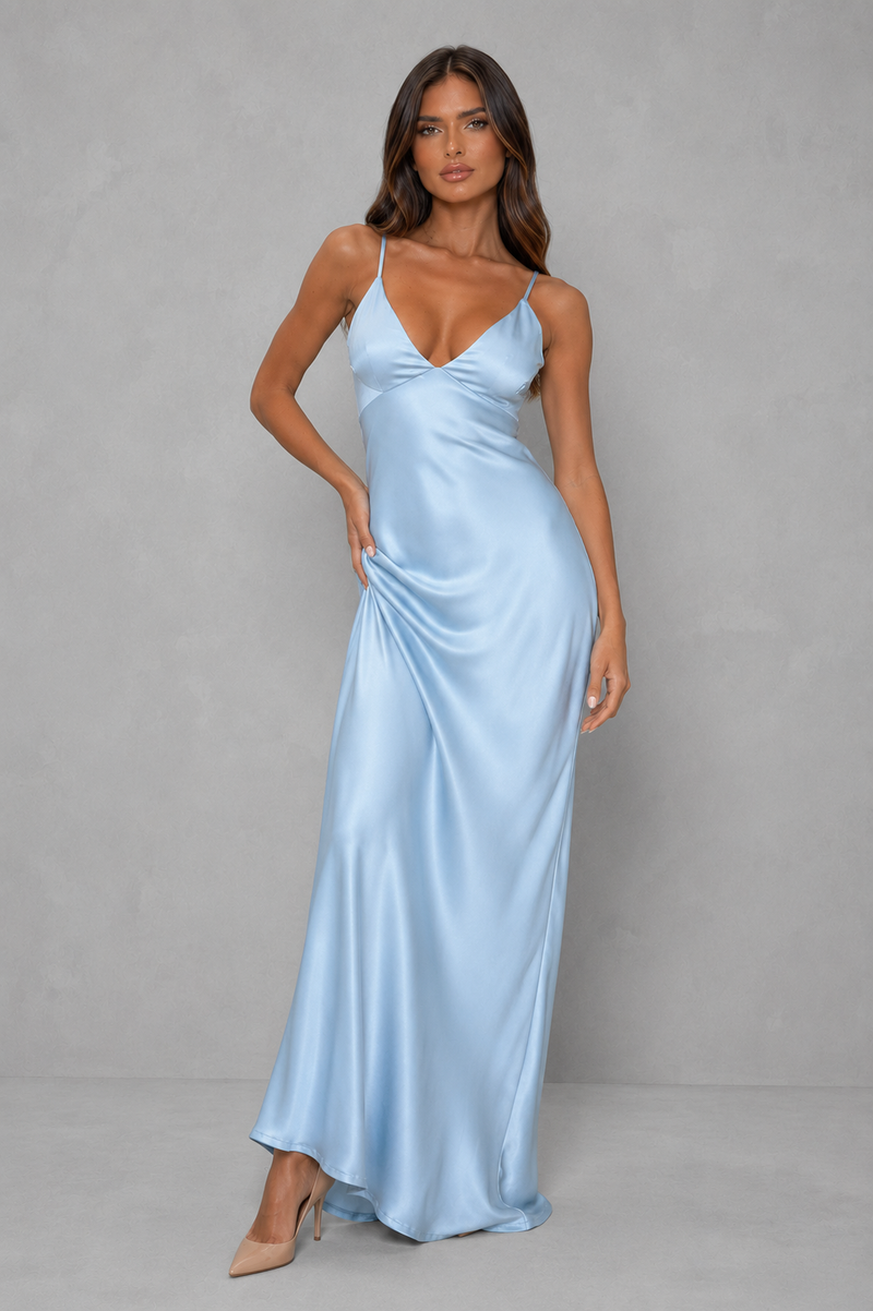 Women’s Bias Cut Satin Maxi Dress with Plunge Neckline for Evening & Formal Wear
