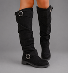 Women's black mid-calf slouch boots with decorative buckle accents, soft synthetic upper, slip-on design and durable rubber sole, styled for everyday casual wear.
