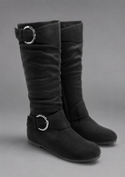 Women's black mid-calf slouch boots with decorative buckle accents, soft synthetic upper, slip-on design and durable rubber sole, styled for everyday casual wear.