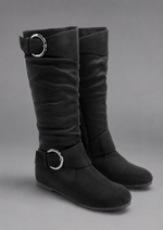 Women's black mid-calf slouch boots with decorative buckle accents, soft synthetic upper, slip-on design and durable rubber sole, styled for everyday casual wear.