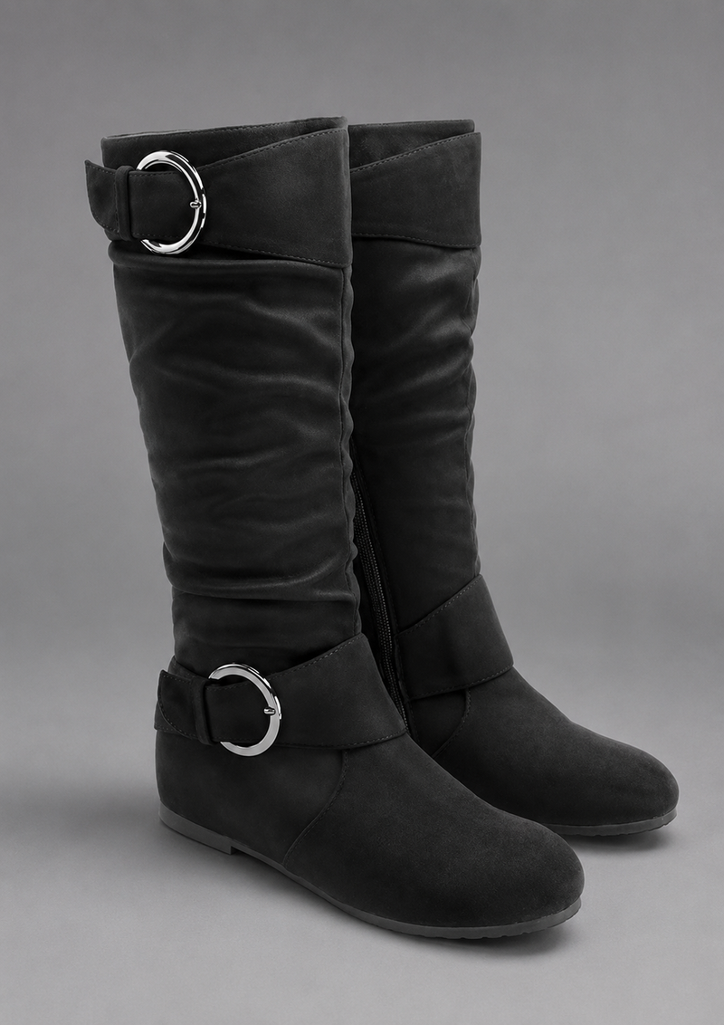 Women's black mid-calf slouch boots with decorative buckle accents, soft synthetic upper, slip-on design and durable rubber sole, styled for everyday casual wear.