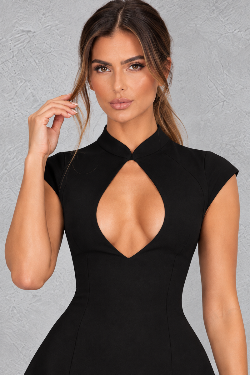 Women’s black A-line mini dress with a plunge keyhole neckline, mandarin collar, cap sleeves and sculpted hourglass silhouette.