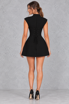 Women’s black A-line mini dress with a plunge keyhole neckline, mandarin collar, cap sleeves and sculpted hourglass silhouette.