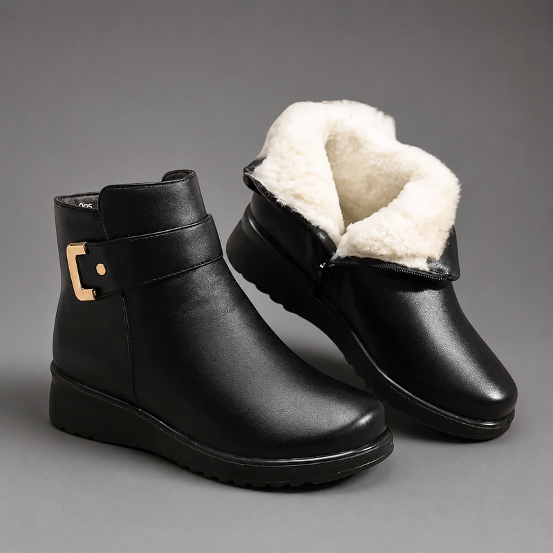Women's black leather comfort ankle boots with a premium leather upper, soft shearling lining, decorative buckle detail, durable rubber sole and supportive ankle-high design, ideal for everyday autumn and winter wear.