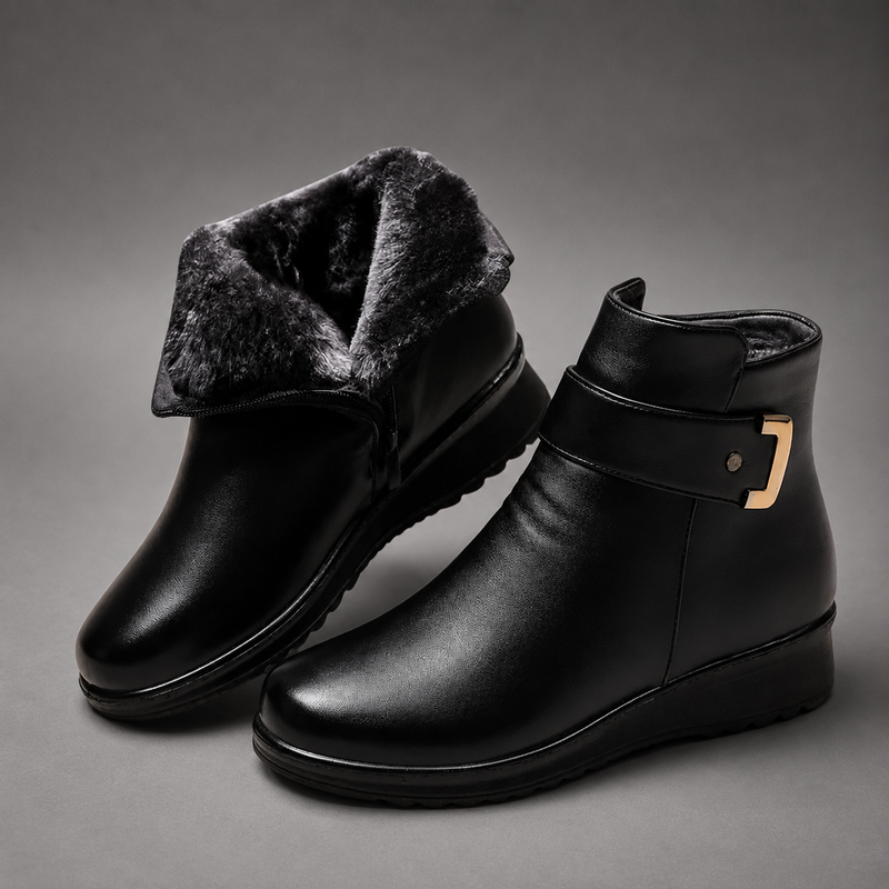 Women's black leather comfort ankle boots with a premium leather upper, soft shearling lining, decorative buckle detail, durable rubber sole and supportive ankle-high design, ideal for everyday autumn and winter wear.
