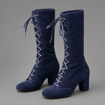 Women's blue lace-up block heel ankle boots with a denim-inspired finish, comfortable block heel, durable rubber sole and adjustable lace-up fastening for everyday casual wear.