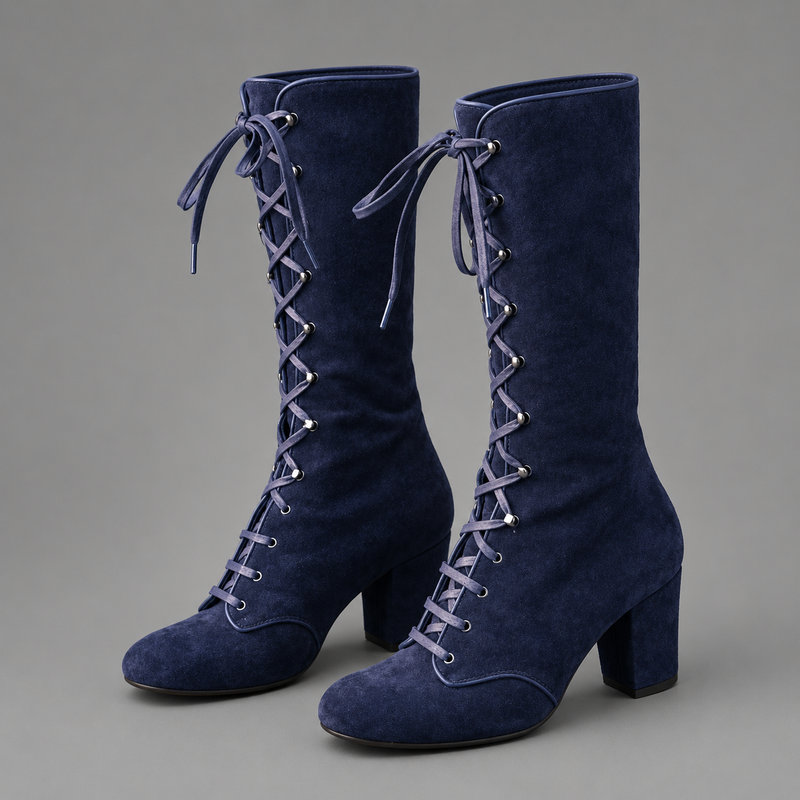 Women's blue lace-up block heel ankle boots with a denim-inspired finish, comfortable block heel, durable rubber sole and adjustable lace-up fastening for everyday casual wear.