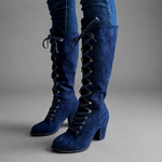 Women's blue lace-up block heel ankle boots with a denim-inspired finish, comfortable block heel, durable rubber sole and adjustable lace-up fastening for everyday casual wear.