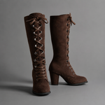 Women's blue lace-up block heel ankle boots with a denim-inspired finish, comfortable block heel, durable rubber sole and adjustable lace-up fastening for everyday casual wear.