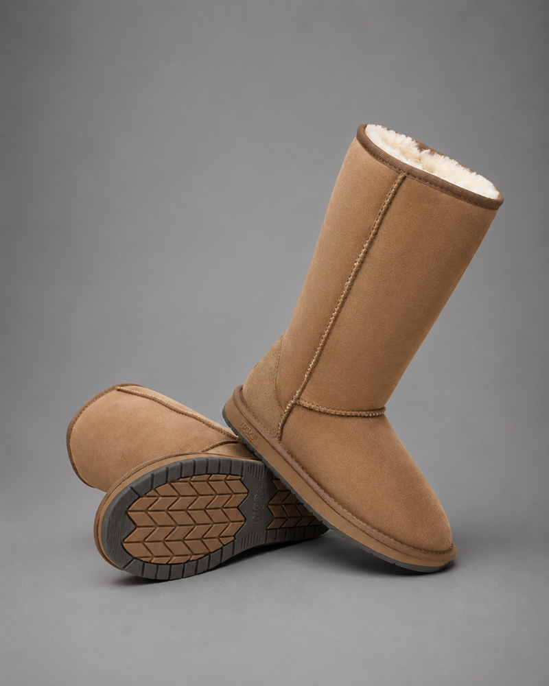 Women's bow detail mid-calf snow boots with a soft faux fur upper, warm fleece lining, slip-on design, flat heel, cushioned plush insole and non-slip rubber sole, available in beige, brown, grey and black for cosy everyday winter wear.