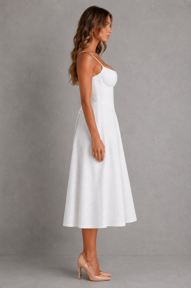 Women’s Broderie Anglaise Midi Dress with Corset Bodice & Split Detail for Evening & Formal Wear