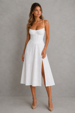 Woman wearing a white dress with a gray background