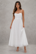 Women’s Broderie Anglaise Midi Dress with Corset Bodice & Split Detail for Evening & Formal Wear