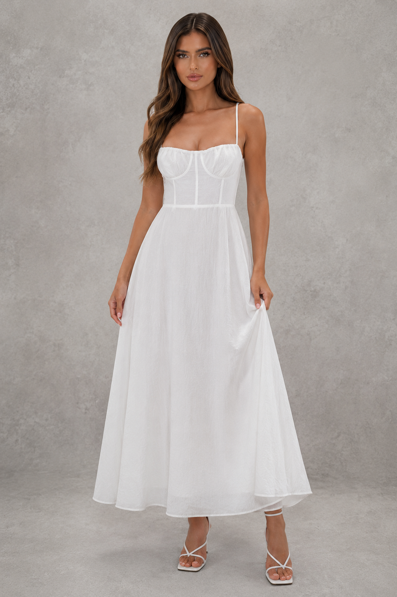 Women’s Broderie Anglaise Midi Dress with Corset Bodice & Split Detail for Evening & Formal Wear