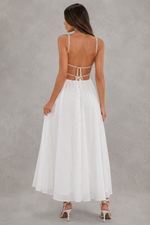 Women’s Broderie Anglaise Midi Dress with Corset Bodice & Split Detail for Evening & Formal Wear